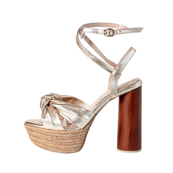 Nataly Mendez wood block heel gold bow platform heels - Picture 1 of 7